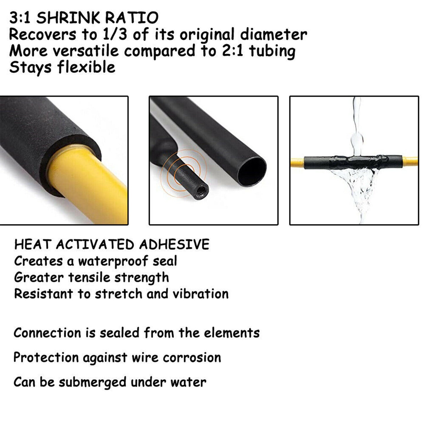 Black Heat Shrink Tubing Tube Dual Wall 3:1 Marine Adhesive Glue Lined Waterproof