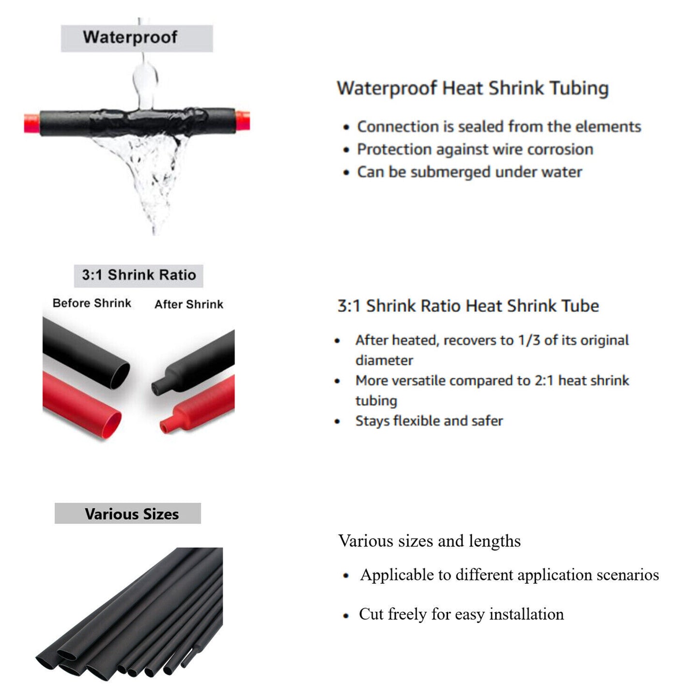 Black Heat Shrink Tubing Tube Dual Wall 3:1 Marine Adhesive Glue Lined Waterproof